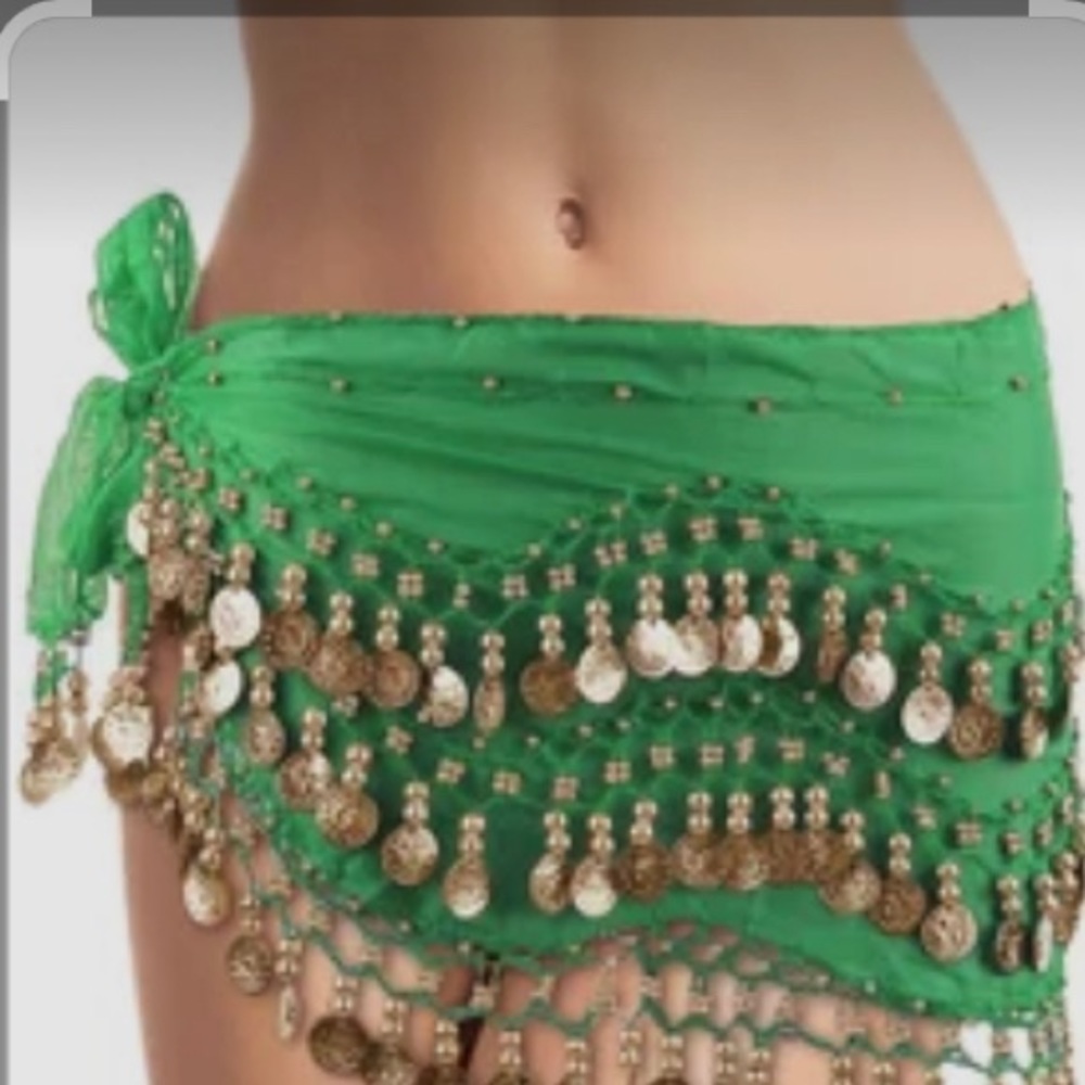 Green scarf embellished with gold coins and beads.